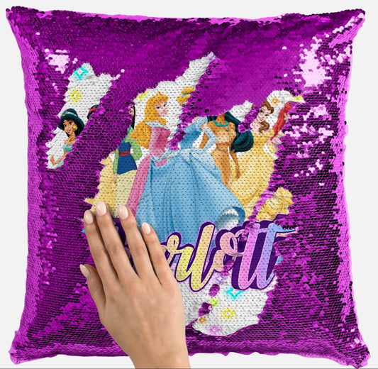 Personalised Princess Any Name Magic Reveal Sequin Cushion Cover Gift Pink
