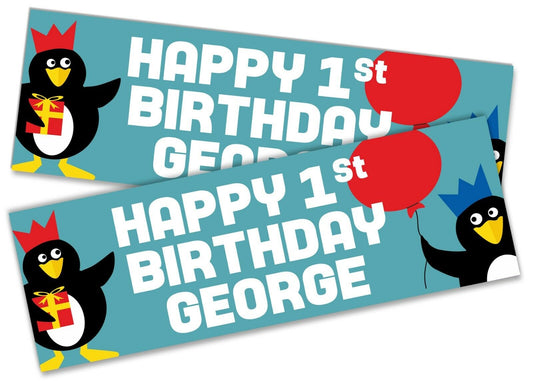 x2 Personalised Birthday Banner Penguin Children Kids Party Decoration Poster