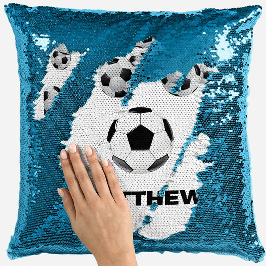 Personalised Football Design Any Name Magic Reveal Blue Sequin Cushion Cover 4