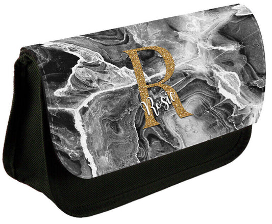 Personalised Any Name Marble Black Pencil Case Bag School Kids Stationary 55
