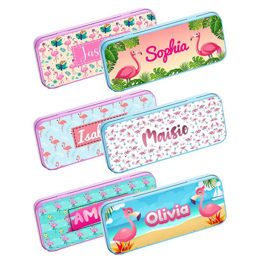 Personalised Any Name Flamingo Pencil Case Tin Children School Kid Stationary 17