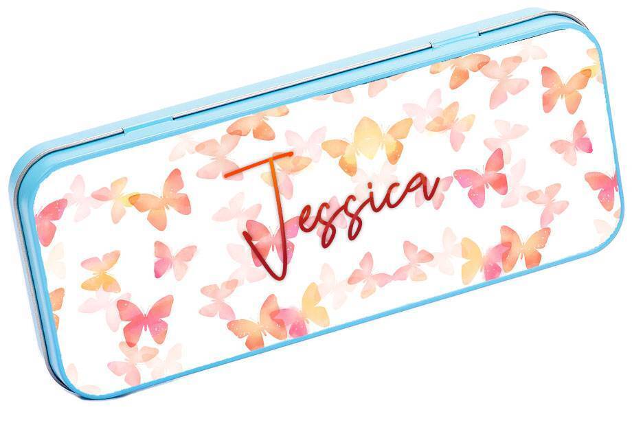 Personalised Any Name Butterfly Pencil Case Tin Children School Kid Stationary 9