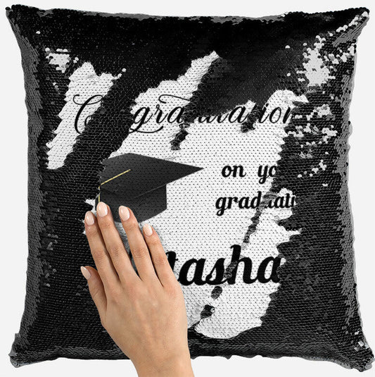 Personalised Graduation Any Name Magic Reveal Black Sequin Cushion Cover Gift