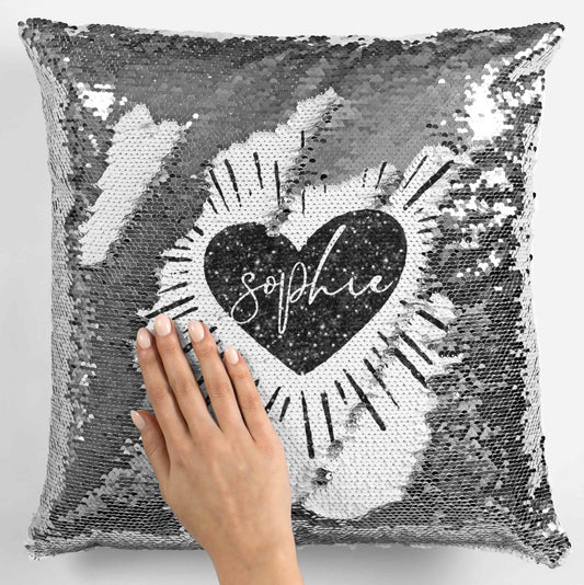 Personalised Heart Any Name Magic Reveal Silver Sequin Cushion Cover Gift 2