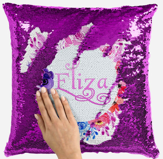 Personalised Floral Any Name Magic Reveal Sequin Cushion Cover Gift Pink 8