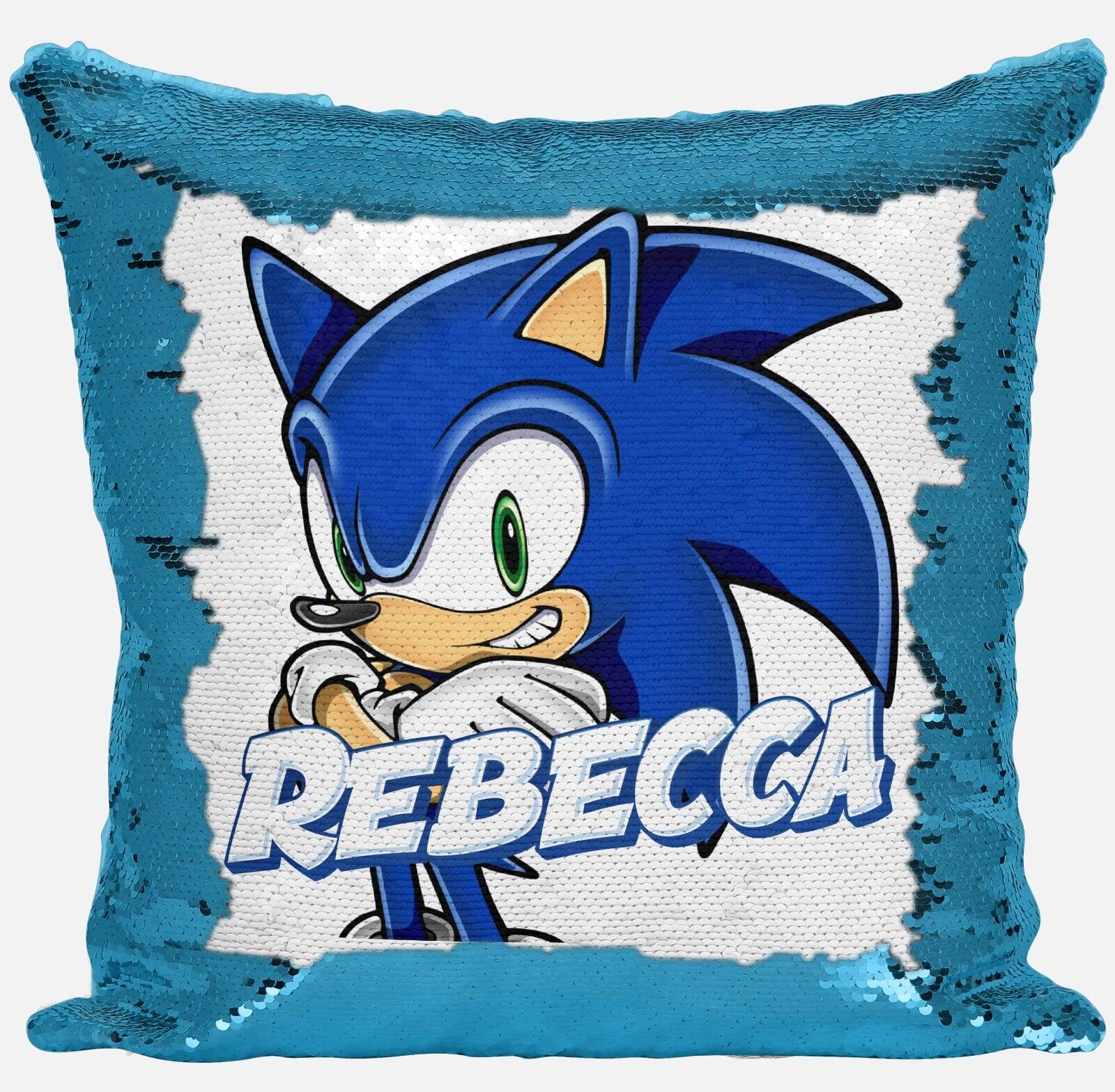 Personalised Sonic Hedgehog Any Name Magic Reveal Sequin Cushion Cover Gift 