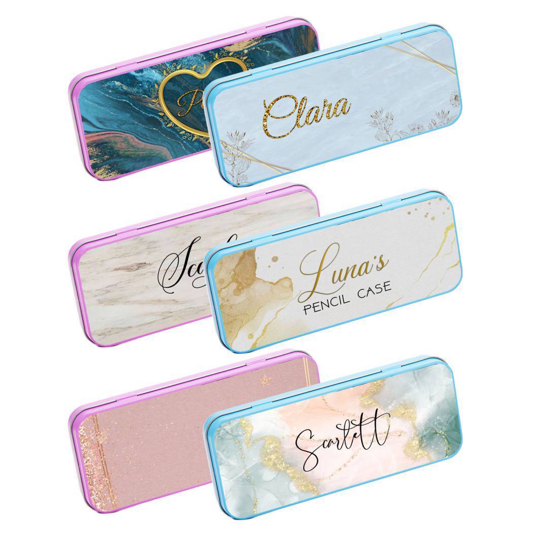 Personalised Any Name Marble Pencil Case Tin Children School Kids Stationary 29