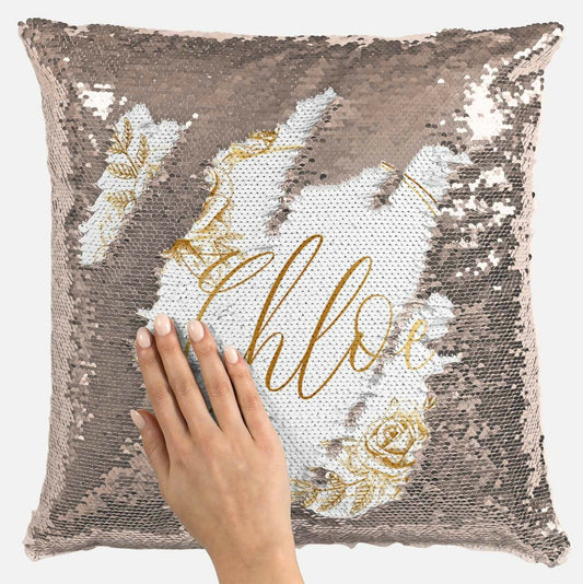 Personalised Floral Design Any Name Magic Reveal Gold Sequin Cushion Cover 8