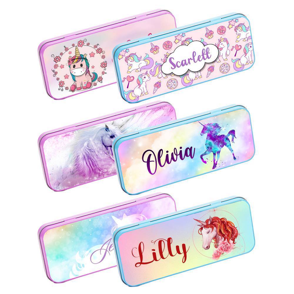 Personalised Any Name Unicorn Pencil Case Tin Children School Kids Stationary 11