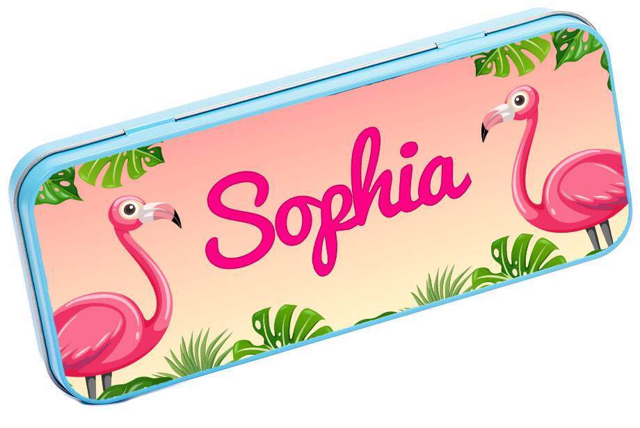 Personalised Any Name Flamingo Pencil Case Tin Children School Kid Stationary 17