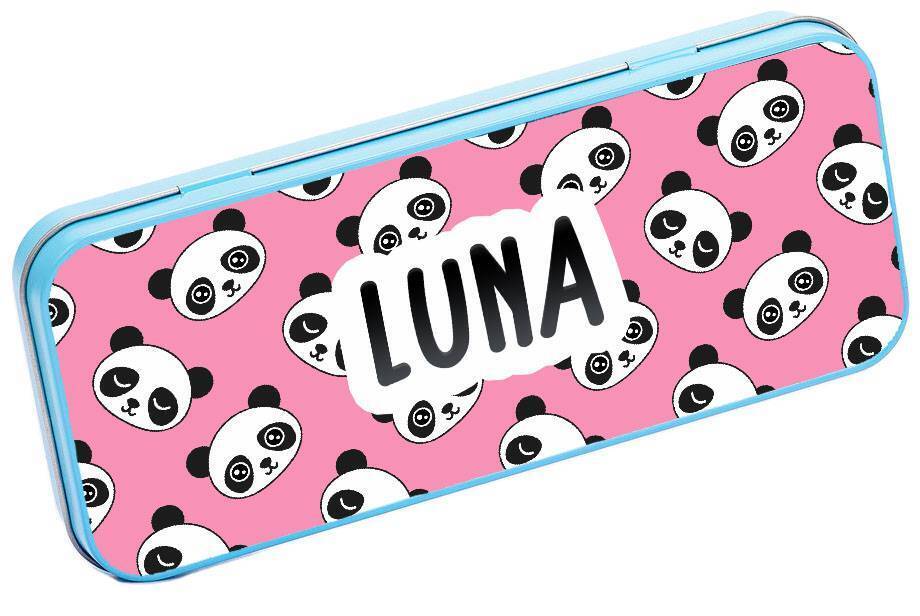 Personalised Any Name Panda Pencil Case Tin Children School Kids Stationary 19