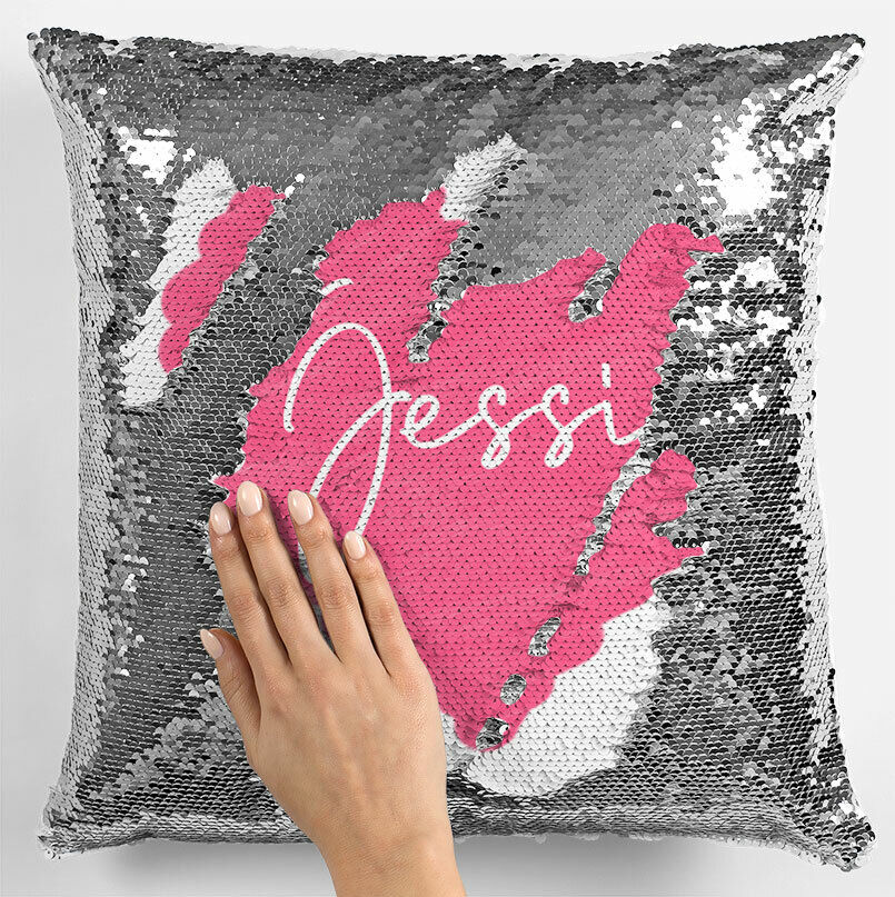 Personalised Heart Design Any Name Magic Reveal Silver Sequin Cushion Cover 3