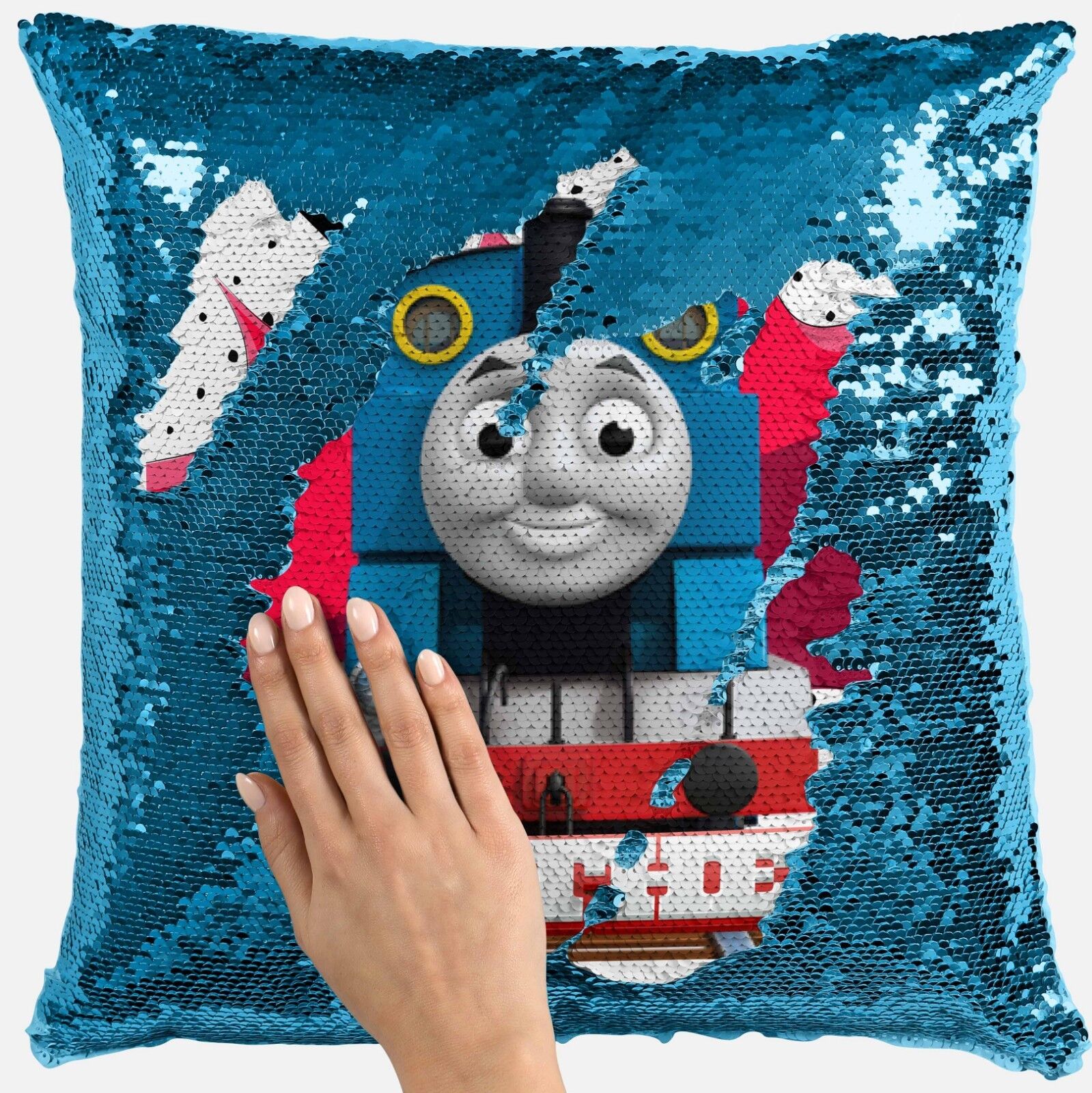 Personalised Thomas Tank Engine Any Name Magic Reveal Sequin Cushion Cover 1