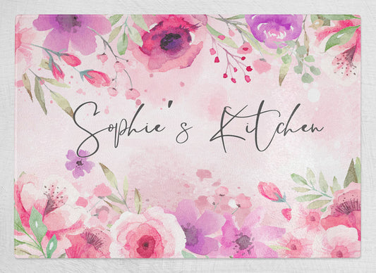 Personalised Any Name Pink Floral Design Kitchen Glass Chopping Board Item Gift