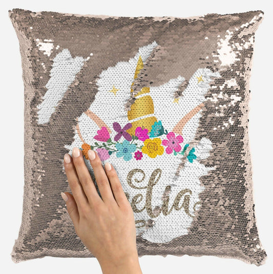 Personalised Unicorn Any Name Magic Reveal Gold Sequin Cushion Cover Gift 