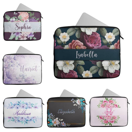 Personalised Any Name Floral Design Laptop Case Sleeve Tablet Bag 40