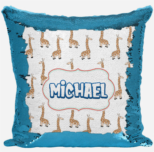 Personalised Giraffe Design Any Name Magic Reveal Blue Sequin Cushion Cover Gift