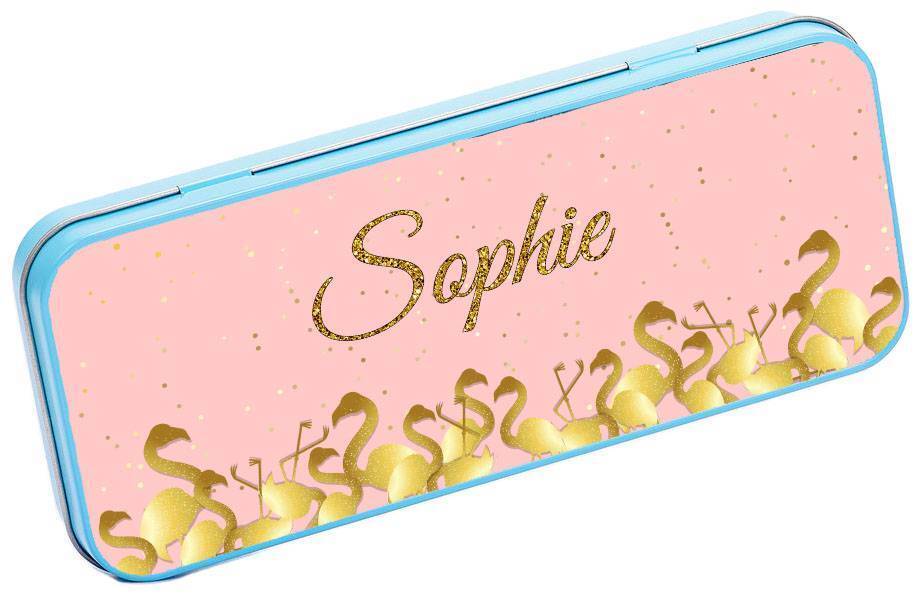 Personalised Any Name Flamingo Pencil Case Tin Children School Kid Stationary 17