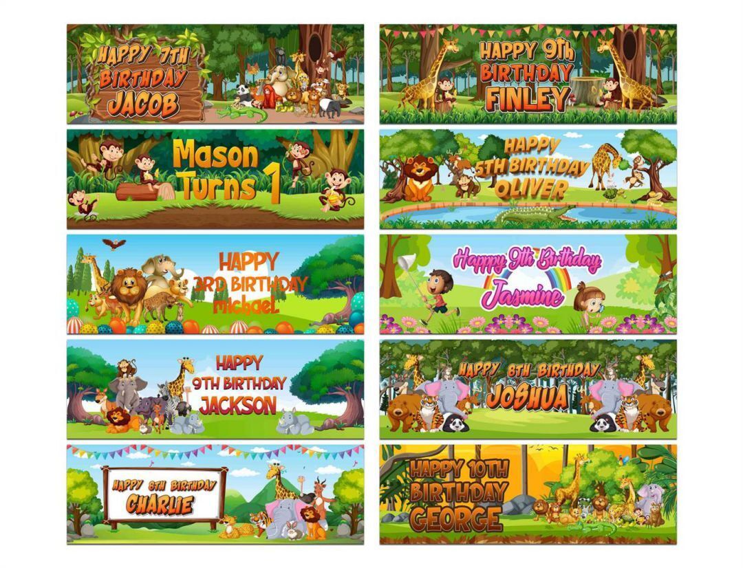 Personalised Birthday Banners Jungle Design Children Kids Party Decoration 81