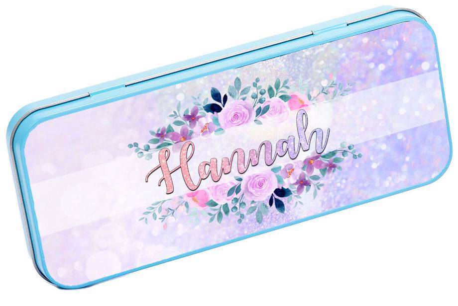 Personalised Any Name Floral Pencil Case Tin Children School Kids Stationary 25