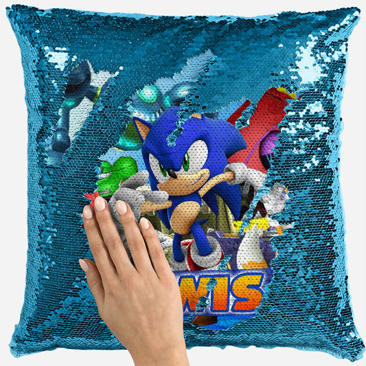 Personalised Sonic Hedgehog Any Name Magic Reveal Blue Sequin Cushion Cover 