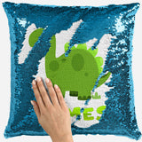 Personalised Dinosaur Design Any Name Magic Reveal Blue Sequin Cushion Cover 2