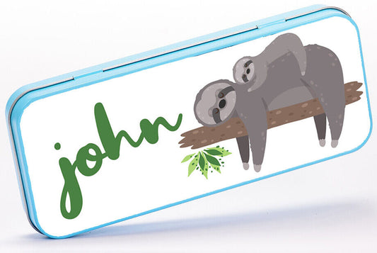 Personalised Any Name Sloth Pencil Case Tin Boys School Kids Stationary