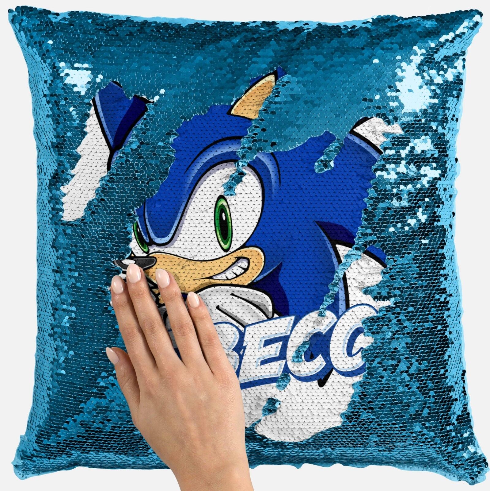 Personalised Sonic Hedgehog Any Name Magic Reveal Sequin Cushion Cover Gift 