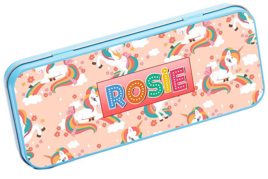 Personalised Any Name Unicorn Pencil Case Tin Children School Kids Stationary 31