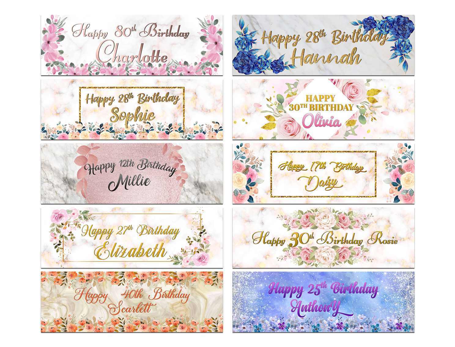 Personalised Birthday Banners Floral Design Kids adult Party Decoration 101