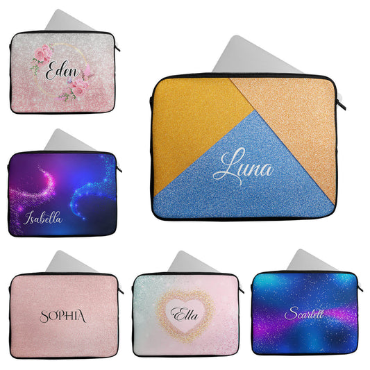 Personalised Any Name Floral Glitter Design Laptop Case Sleeve Tablet Bag 13