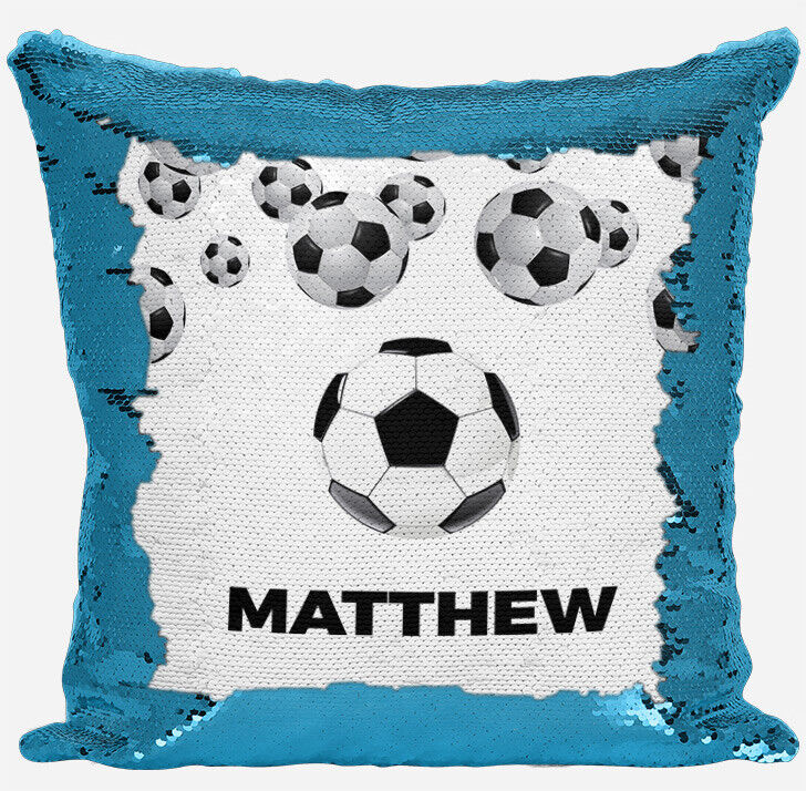Personalised Football Design Any Name Magic Reveal Blue Sequin Cushion Cover 4