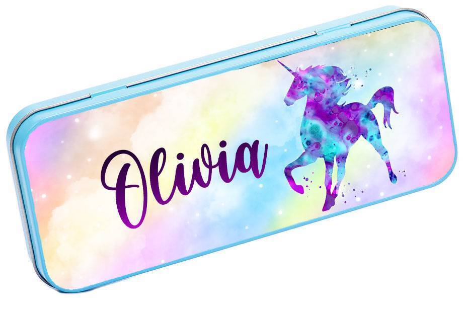 Personalised Any Name Unicorn Pencil Case Tin Children School Kids Stationary 11