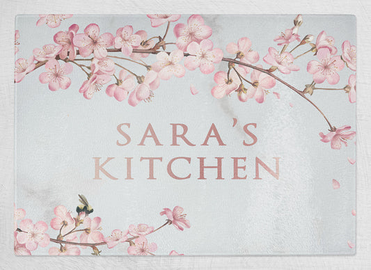 Personalised Any Name Cherry Blossom Design Kitchen Glass Chopping Board Item