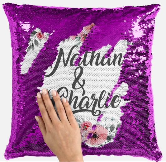 Personalised Floral Any Name Magic Reveal Sequin Cushion Cover Gift Pink 3