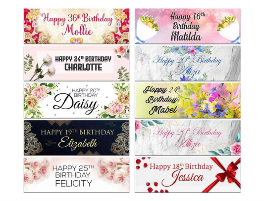 Personalised Birthday Banners Floral Design Kids adult Party Decoration 177