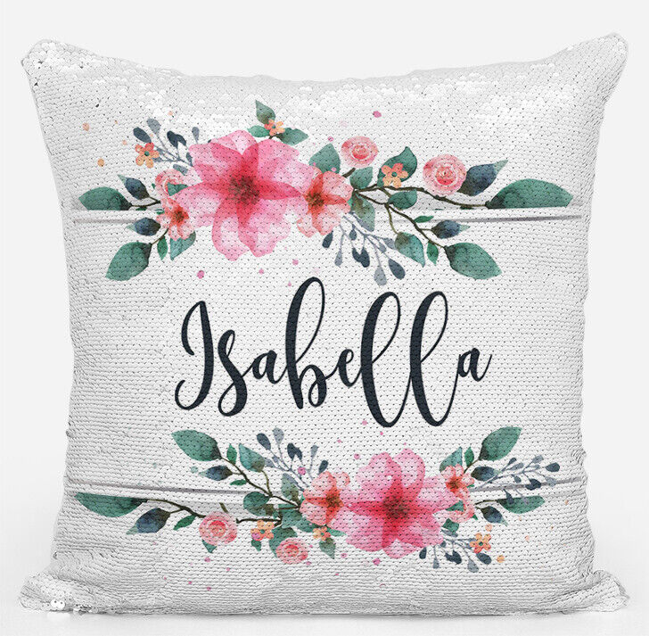 Personalised Floral Design Any Name Magic Reveal Silver Sequin Cushion Cover 10