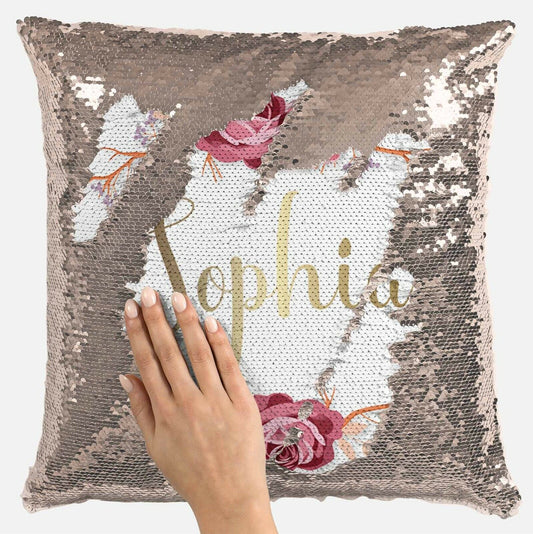 Personalised Floral Design Any Name Magic Reveal Gold Sequin Cushion Cover 14