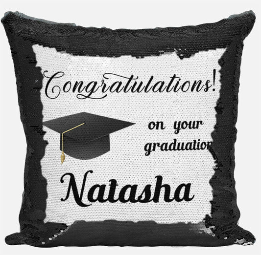 Personalised Graduation Any Name Magic Reveal Black Sequin Cushion Cover Gift