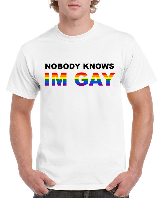 New Unisex Nobody Knows I'm Gay Short Sleeve Novelty T-Shirt White