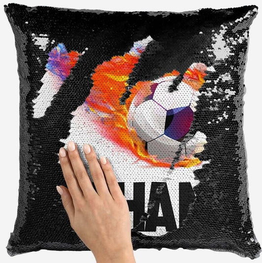 Personalised Football Design Any Name Magic Reveal Black Sequin Cushion Cover 20