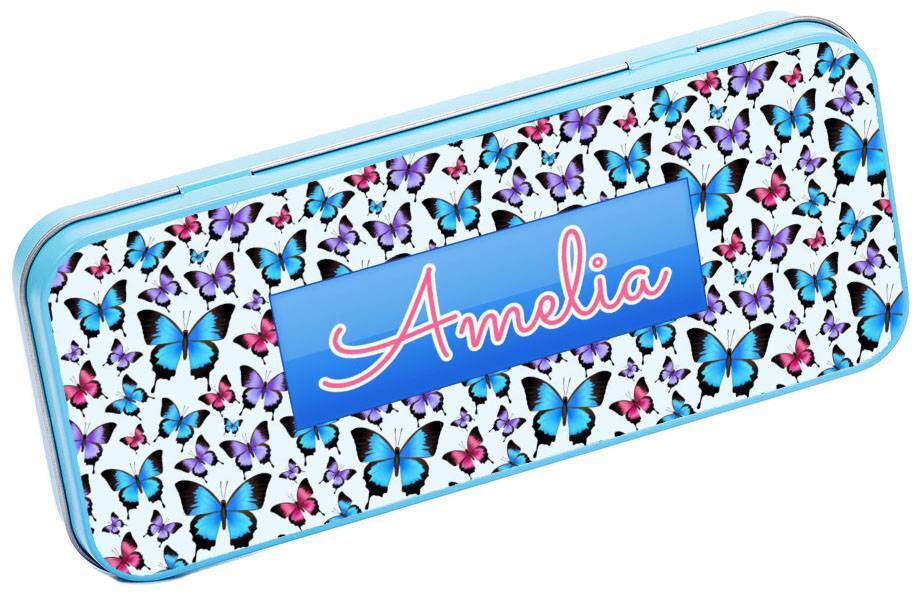 Personalised Any Name Butterfly Pencil Case Tin School Kids Stationary 17