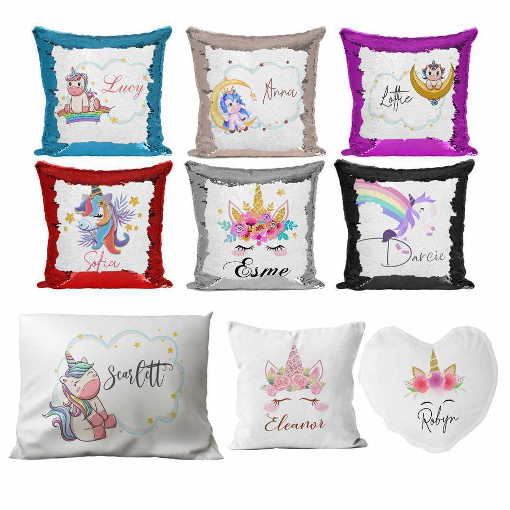Personalised Cushion Unicorn Sequin Cushion Pillow Printed Birthday Gift 86