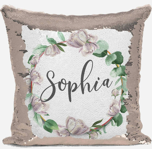 Personalised Floral Any Name Magic Reveal Gold Sequin Cushion Cover Gift 1