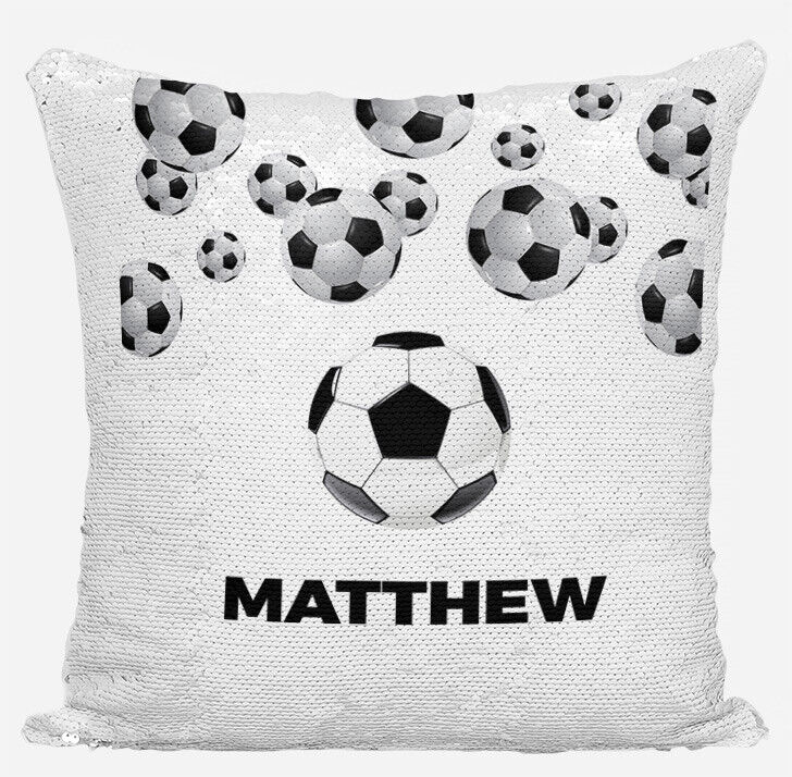Personalised Football Design Any Name Magic Reveal Blue Sequin Cushion Cover 4