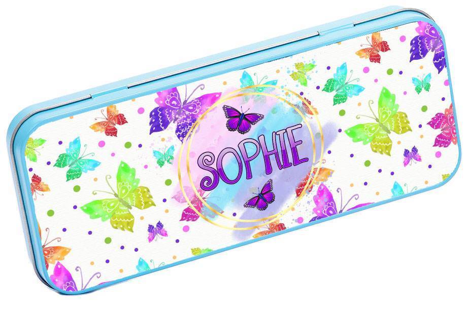 Personalised Any Name Butterfly Pencil Case Tin School Kids Stationary 17