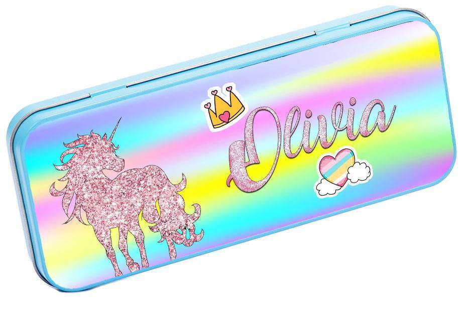 Personalised Any Name Unicorn Pencil Case Tin Children School Kids Stationary 27