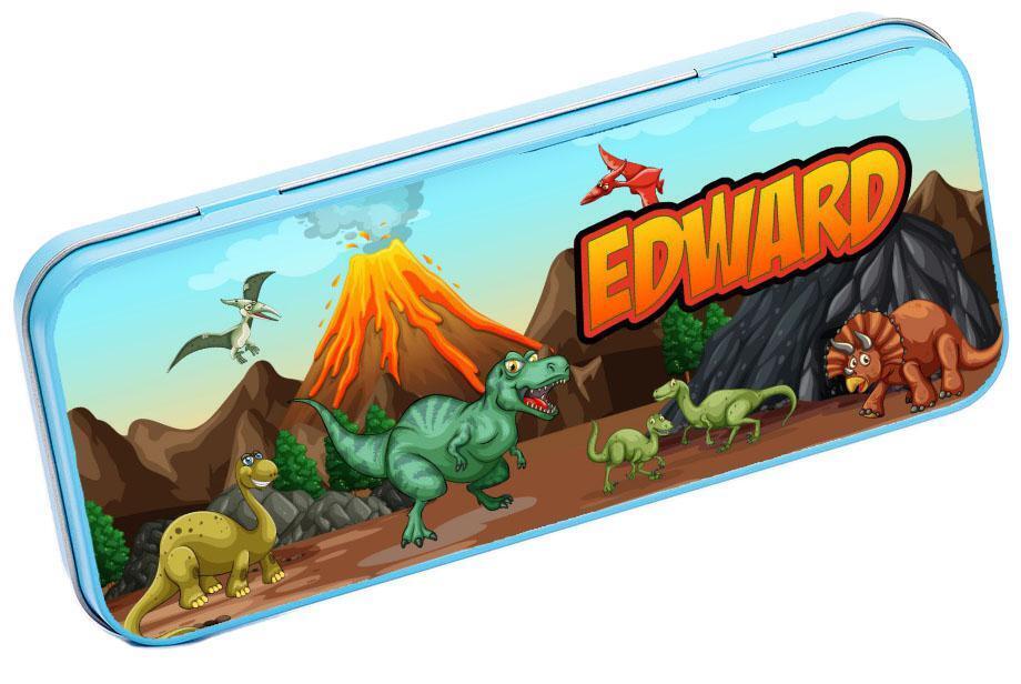 Personalised Any Name Dinosaur Pencil Case Tin Children School Kids Stationary 7