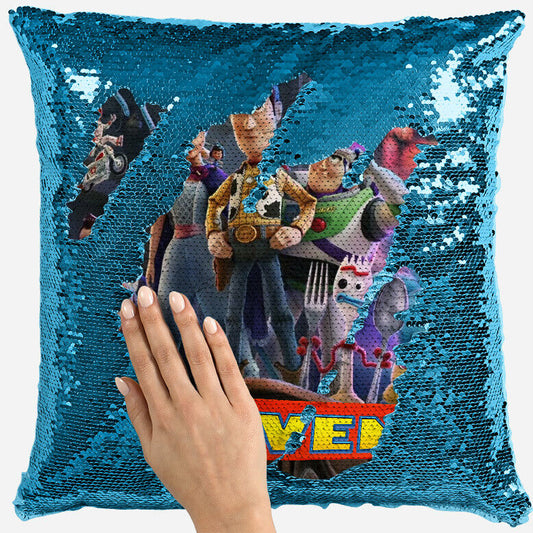 Personalised Toy Story Design Any Name Magic Reveal Blue Sequin Cushion Cover 4