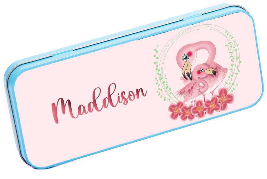 Personalised Any Name Flamingo Pencil Case Tin Children School Kid Stationary 17